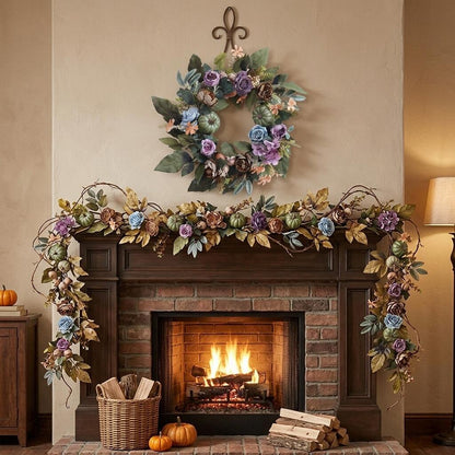 18" Artificial Fall Floral Wreath with Green Pumpkins and Moody Blooms