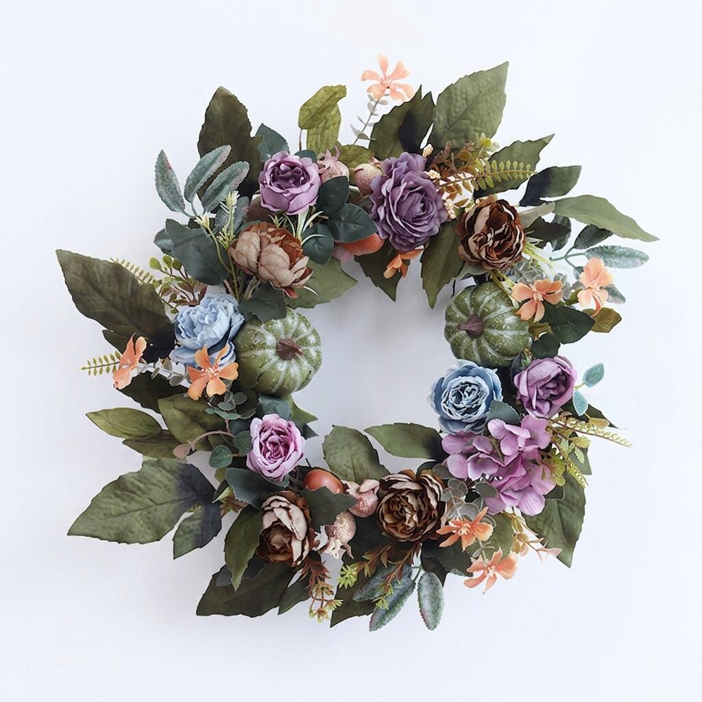 18" Artificial Fall Floral Wreath with Green Pumpkins and Moody Blooms