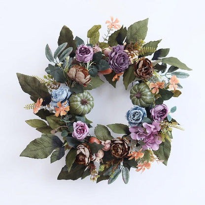 18" Artificial Fall Floral Wreath with Green Pumpkins and Moody Blooms