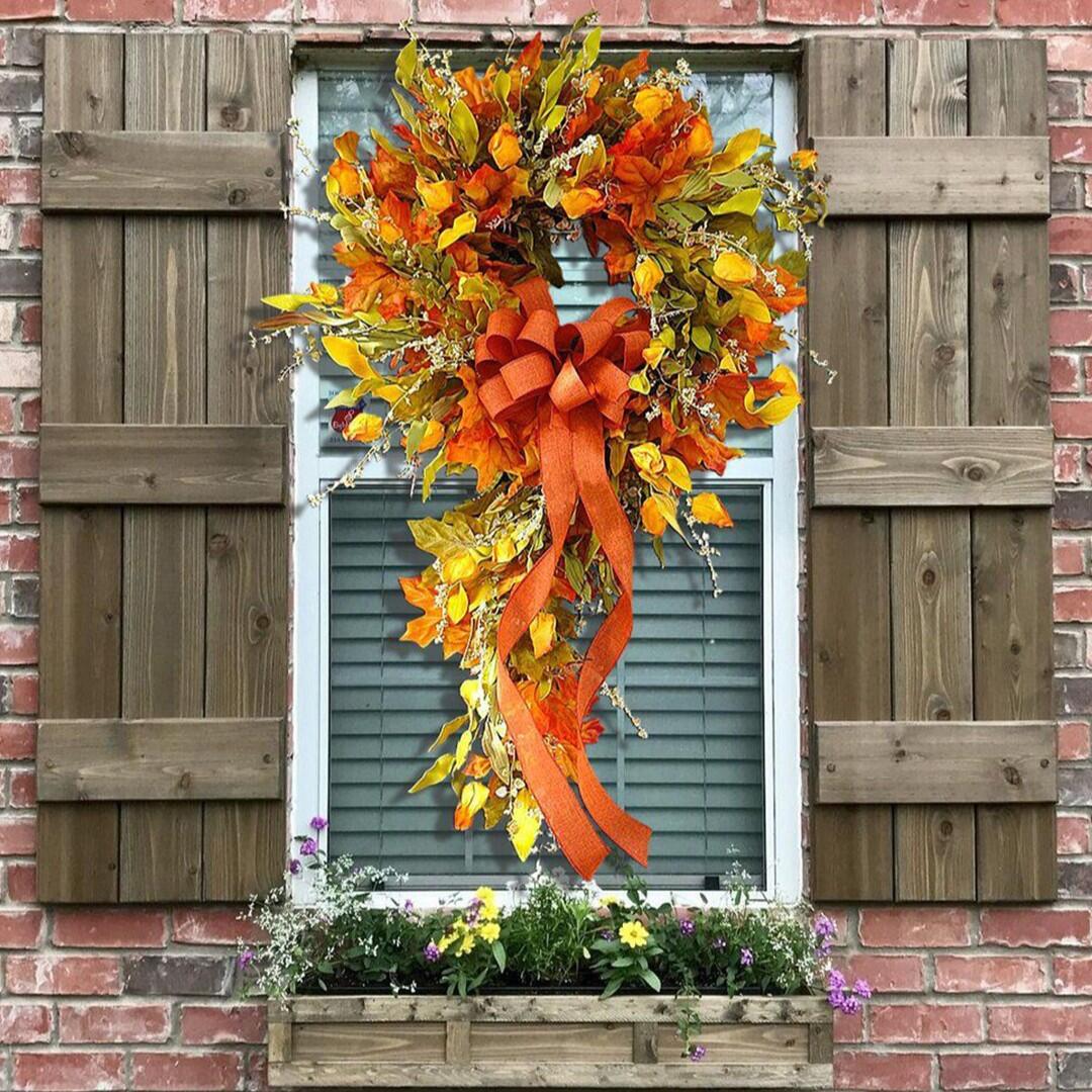 Artificial Teardrop Autumn Wreath with Maple Leaves and Orange Ribbon