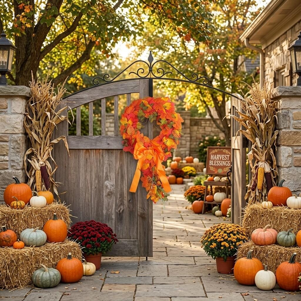 Artificial Teardrop Autumn Wreath with Maple Leaves and Orange Ribbon