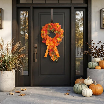Artificial Teardrop Autumn Wreath with Maple Leaves and Orange Ribbon