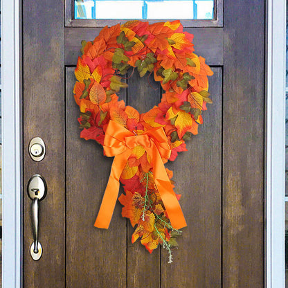 Artificial Teardrop Autumn Wreath with Maple Leaves and Orange Ribbon