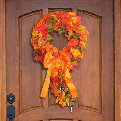 Artificial Teardrop Autumn Wreath with Maple Leaves and Orange Ribbon