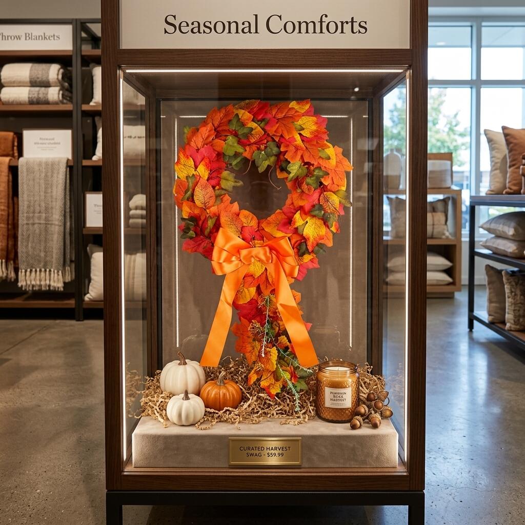 Artificial Teardrop Autumn Wreath with Maple Leaves and Orange Ribbon