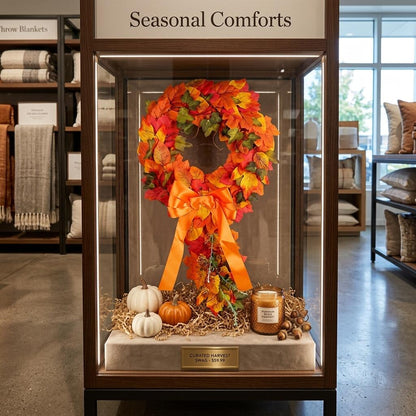Artificial Teardrop Autumn Wreath with Maple Leaves and Orange Ribbon
