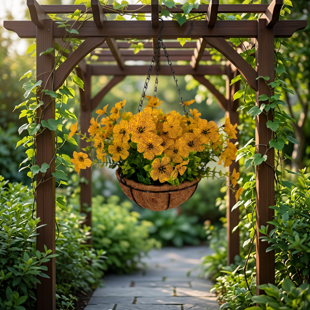 Factory Direct Yellow Artificial Hanging Petunia Basket - Vibrant Spring & Summer Decor