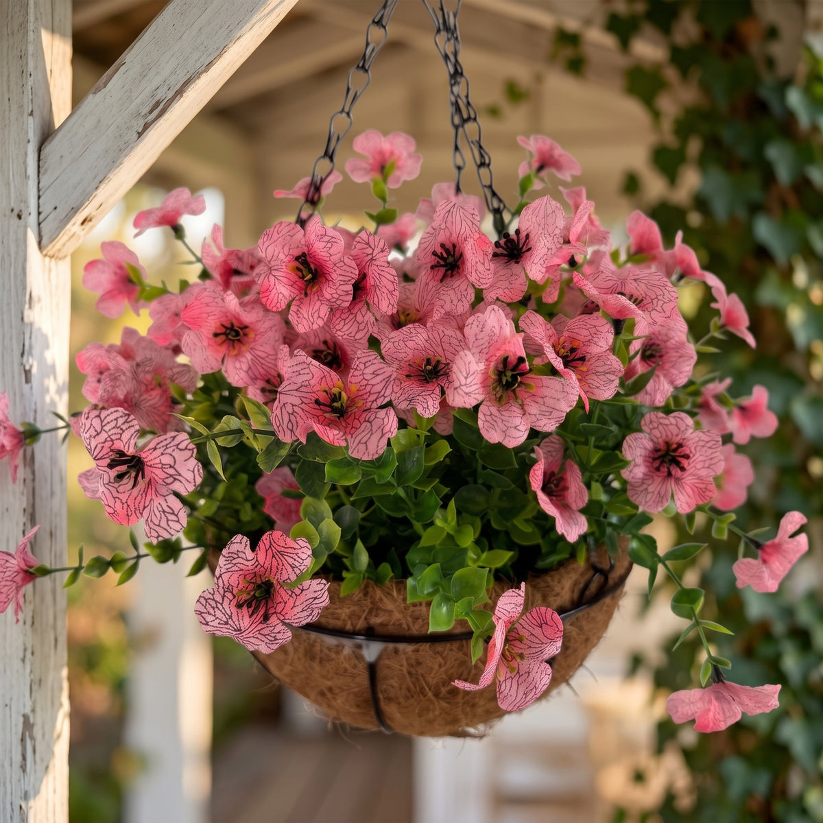 Factory Direct Pink Veined Artificial Hanging Basket - Vibrant Spring & Summer Decor