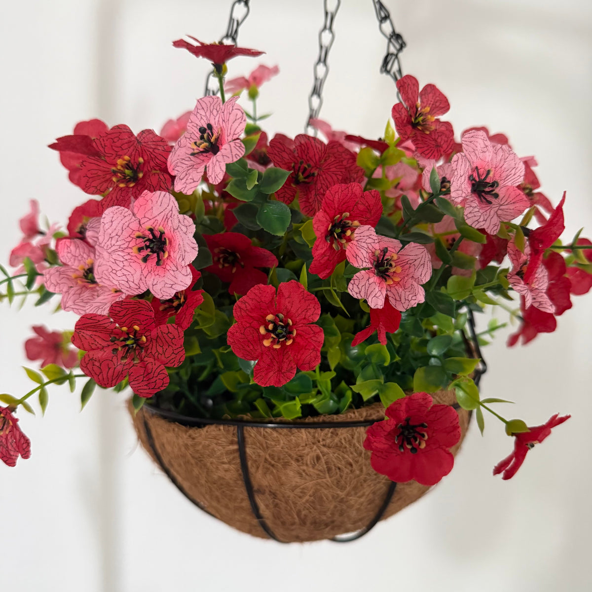 Factory Direct Red & Pink Artificial Hanging Basket - Vibrant Spring & Summer Decor