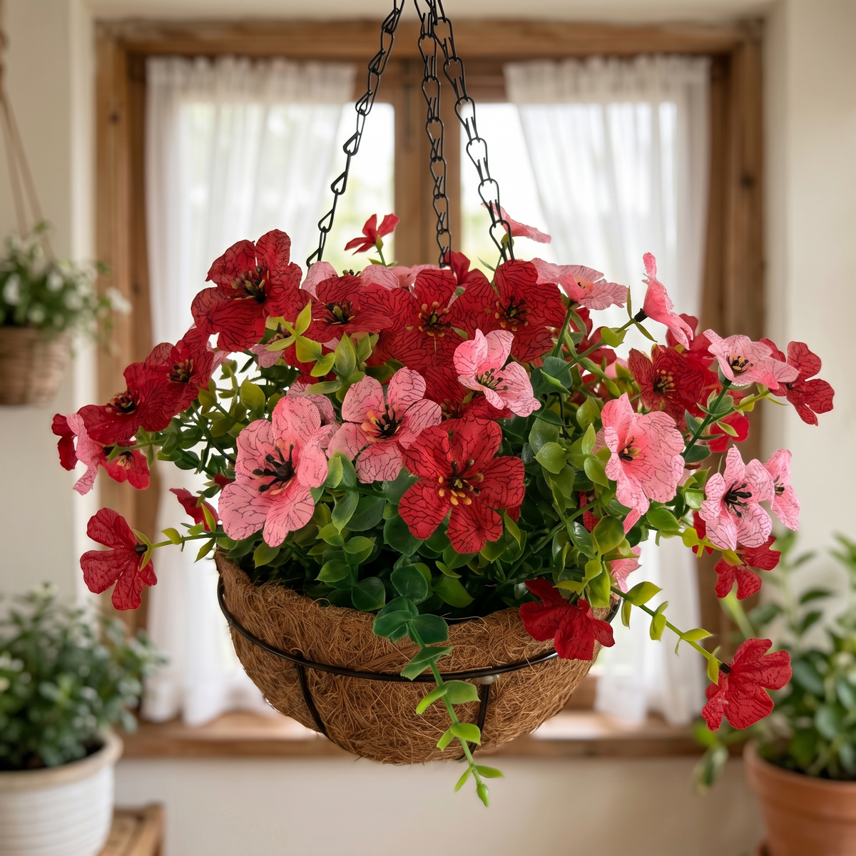 Factory Direct Red & Pink Artificial Hanging Basket - Vibrant Spring & Summer Decor
