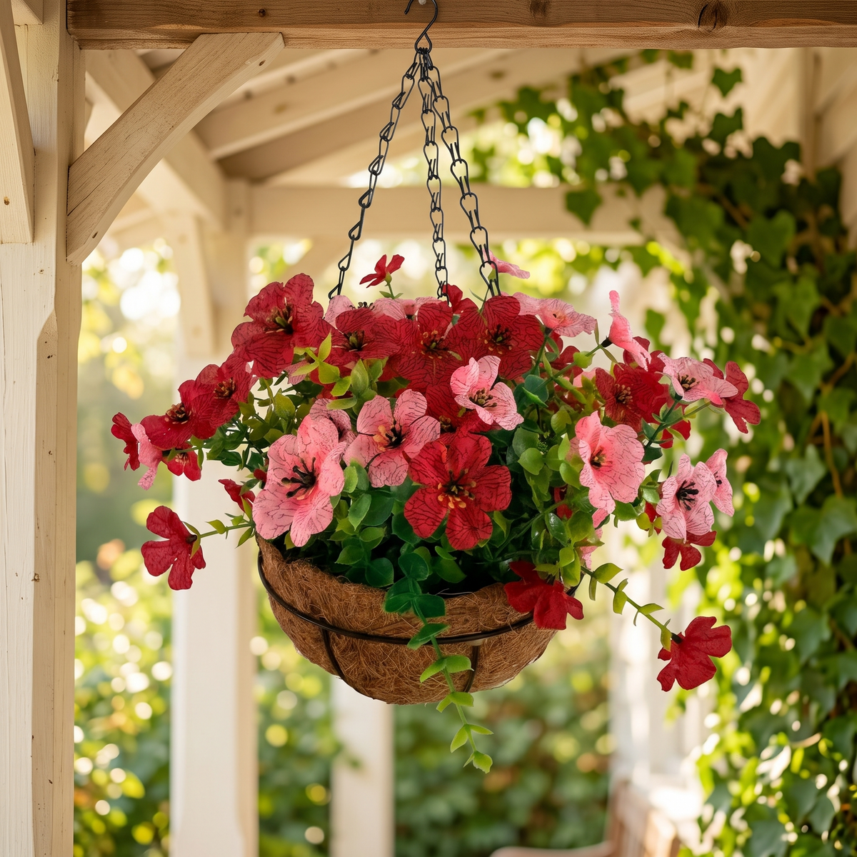 Factory Direct Red & Pink Artificial Hanging Basket - Vibrant Spring & Summer Decor