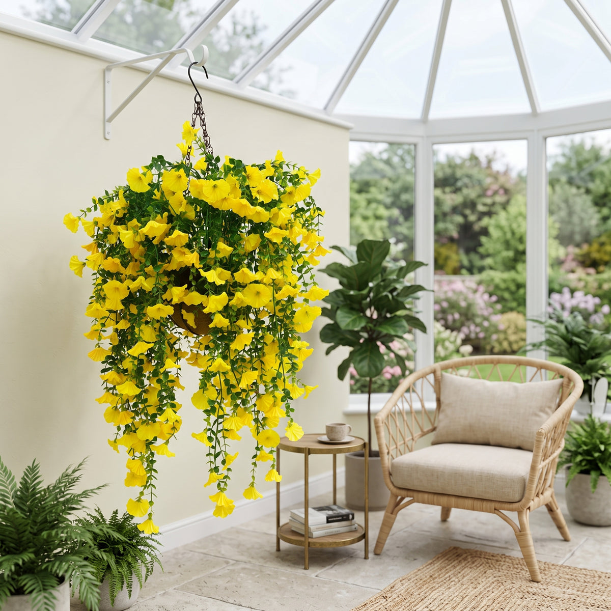 Factory Direct Cascading Yellow Artificial Hanging Basket - Vibrant Spring & Summer Decor