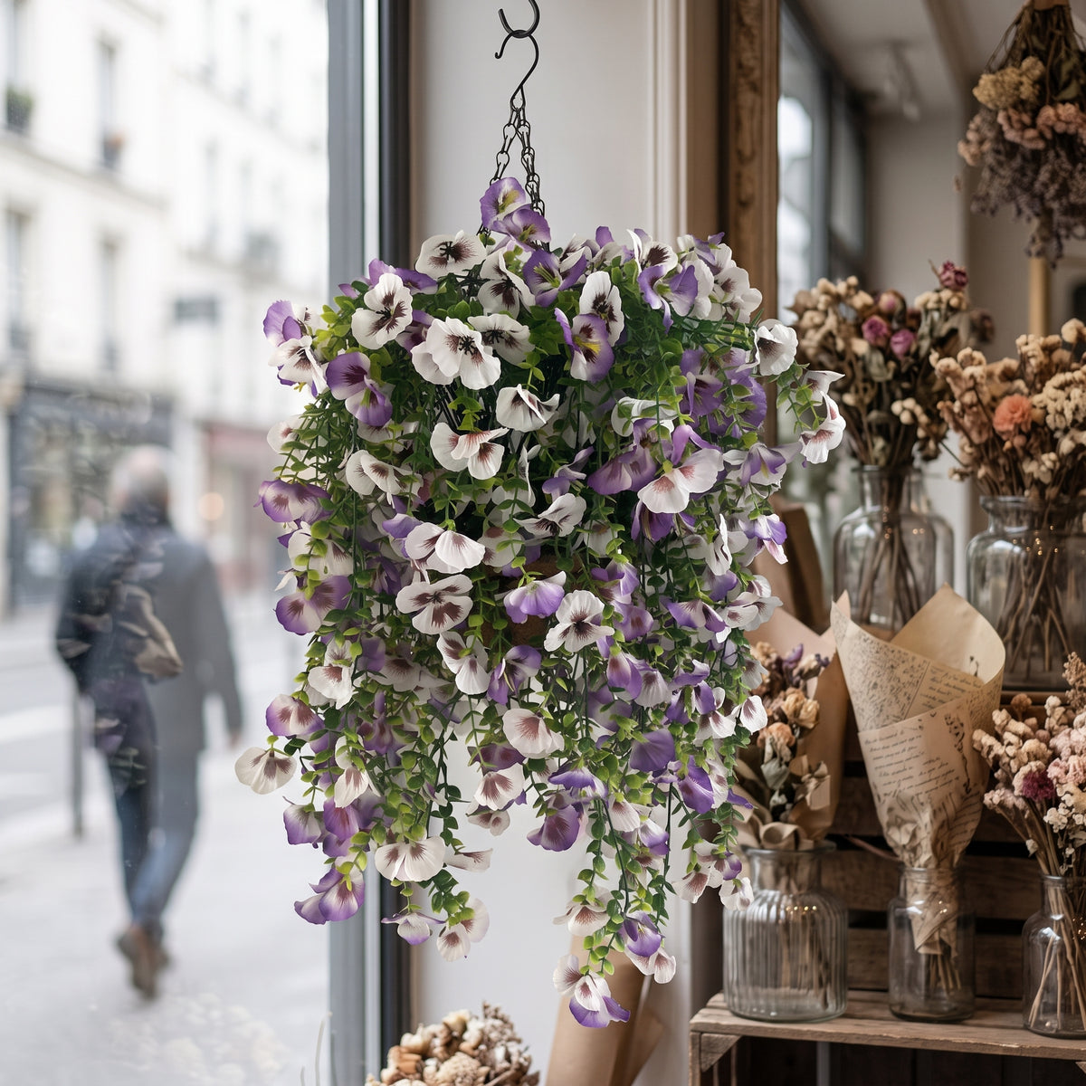Factory Direct Cascading Purple & White Artificial Hanging Basket - Vibrant Spring & Summer Decor