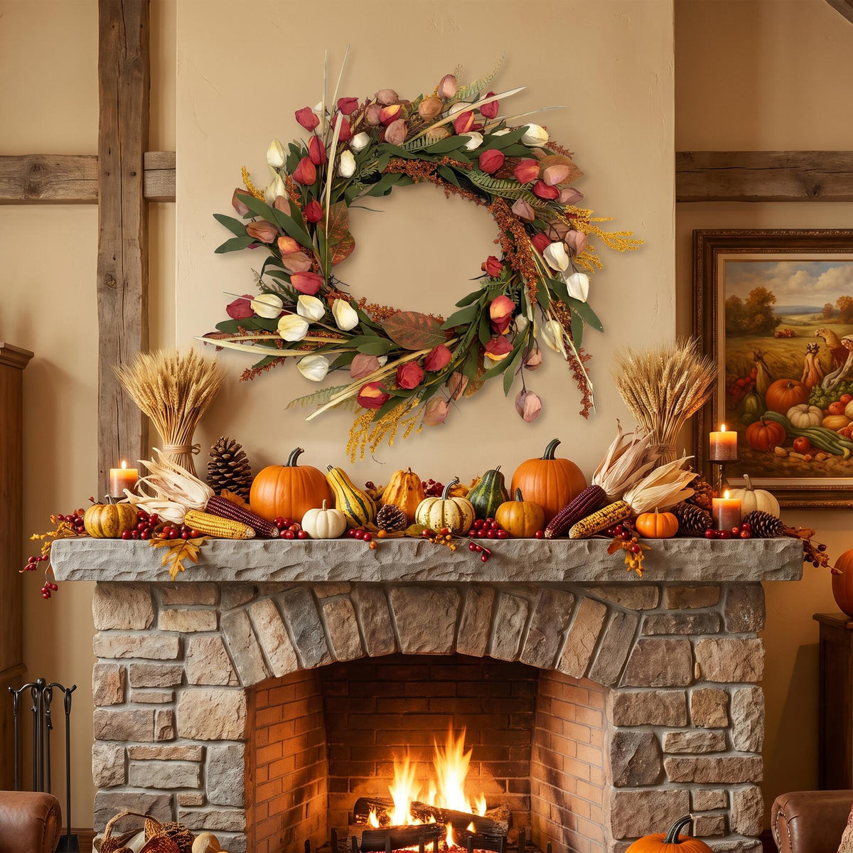 18" Artificial Dried-Look Autumn Floral & Grass Wreath