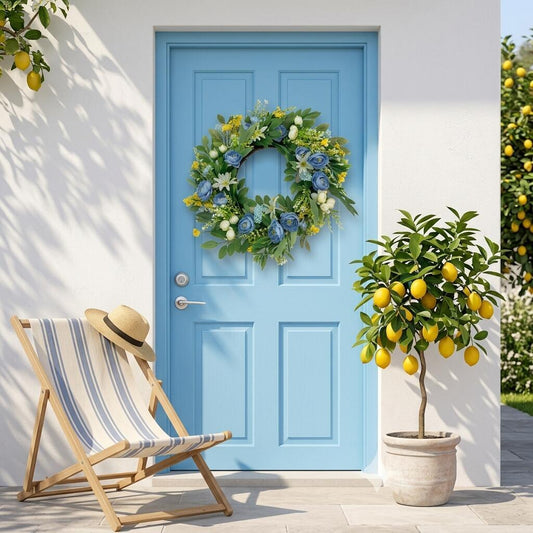 18" Wholesale Premium Artificial Blue Rose and Daisy Floral Wreath for Front Door