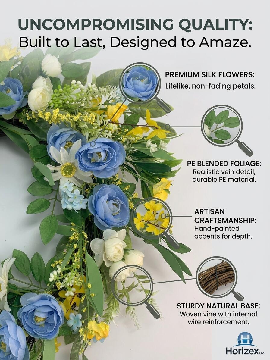 18" Wholesale Premium Artificial Blue Rose and Daisy Floral Wreath for Front Door