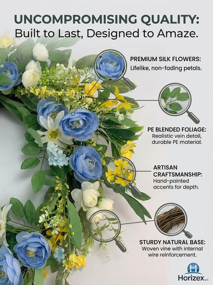 18" Wholesale Premium Artificial Blue Rose and Daisy Floral Wreath for Front Door