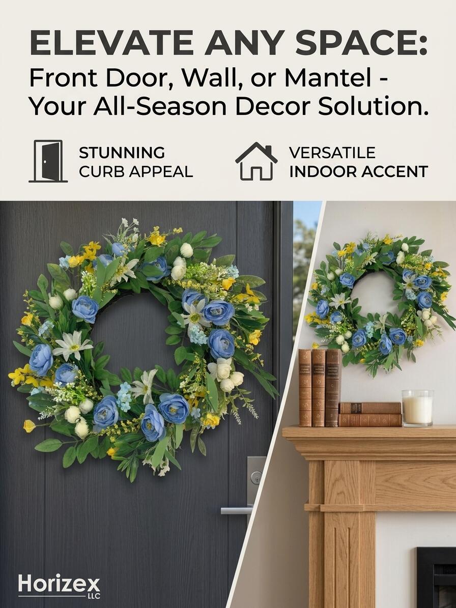 18" Wholesale Premium Artificial Blue Rose and Daisy Floral Wreath for Front Door