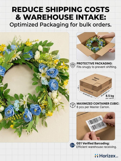 18" Wholesale Premium Artificial Blue Rose and Daisy Floral Wreath for Front Door