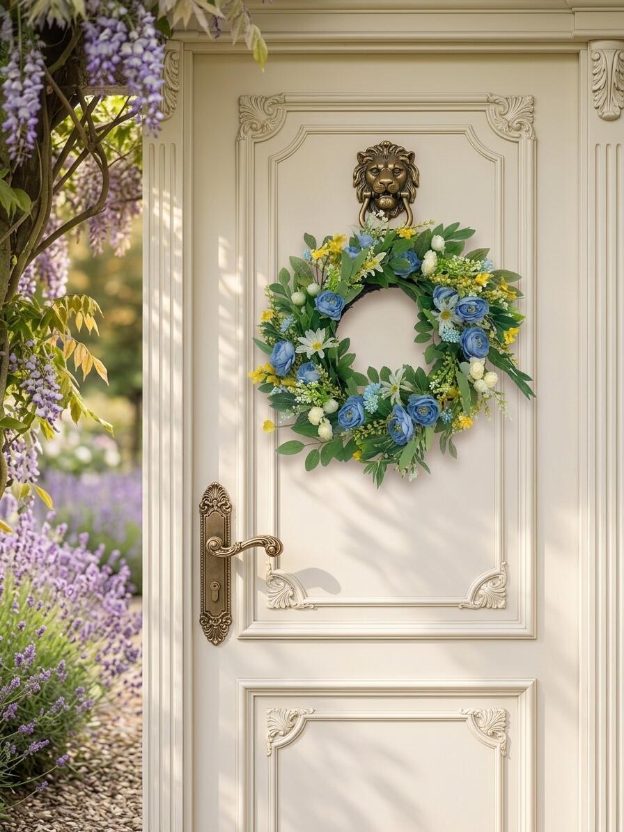 18" Wholesale Premium Artificial Blue Rose and Daisy Floral Wreath for Front Door