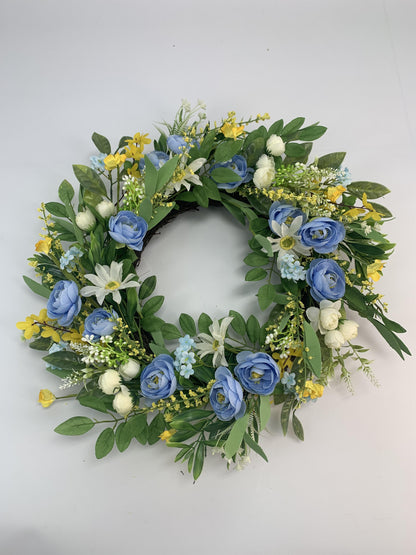 18" Wholesale Premium Artificial Blue Rose and Daisy Floral Wreath for Front Door