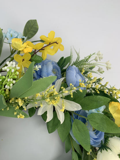 18" Wholesale Premium Artificial Blue Rose and Daisy Floral Wreath for Front Door