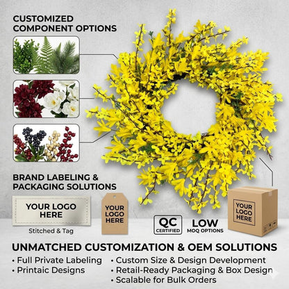 18" Wholesale Premium Yellow Forsythia Artificial Flower Wreath for Front Door