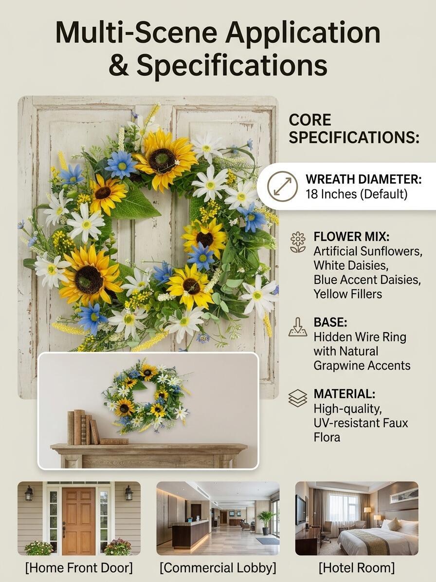18" Wholesale Premium Artificial Sunflower and Daisy Wreath for Front Door