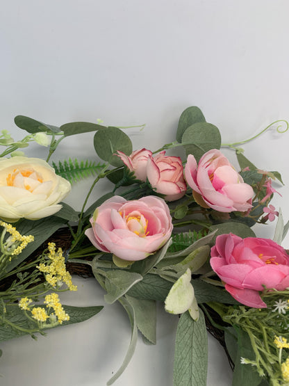 18" Wholesale Premium Artificial Ranunculus and Rose Spring Wreath for Front Door