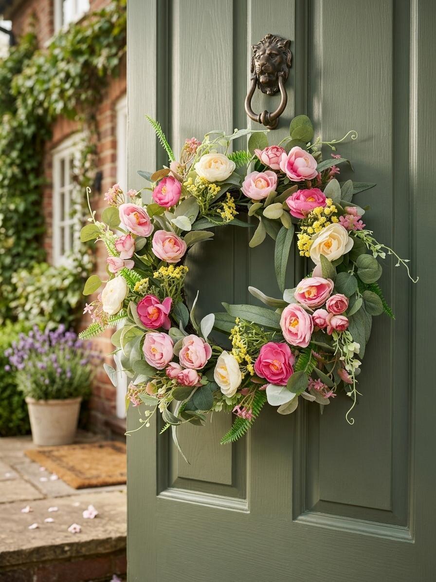 18" Wholesale Premium Artificial Ranunculus and Rose Spring Wreath for Front Door