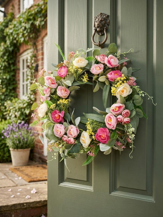 18" Wholesale Premium Artificial Ranunculus and Rose Spring Wreath for Front Door