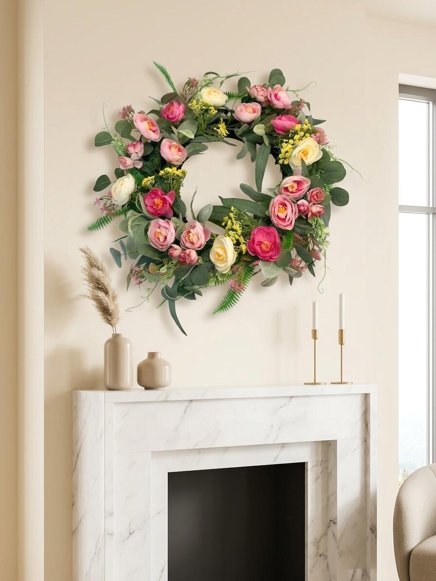 18" Wholesale Premium Artificial Ranunculus and Rose Spring Wreath for Front Door