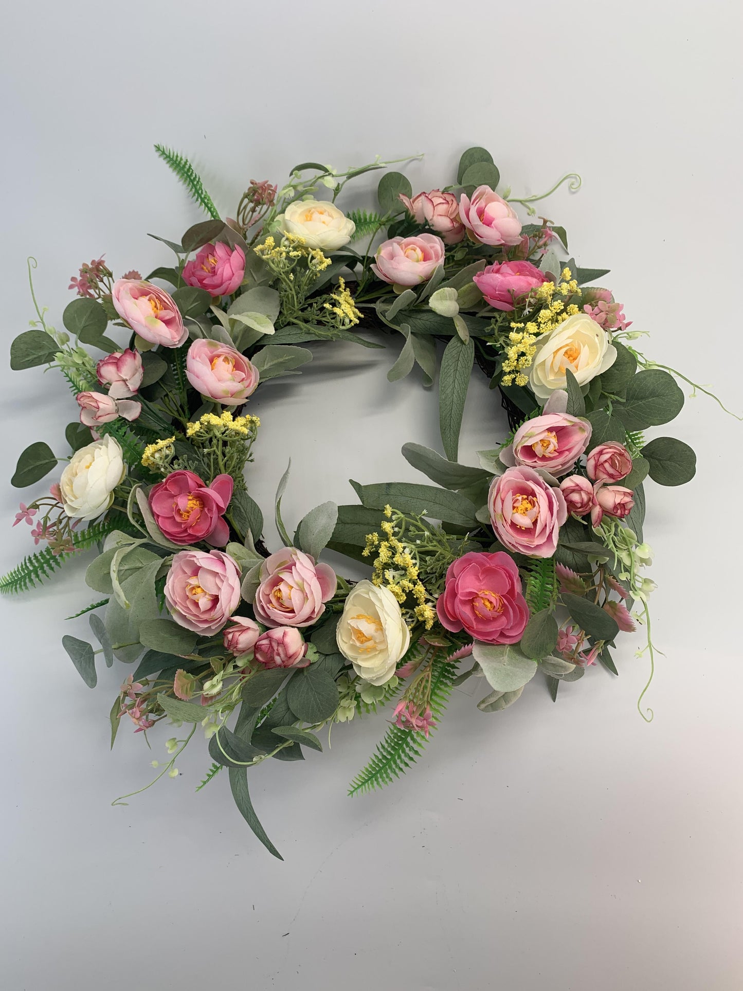 18" Wholesale Premium Artificial Ranunculus and Rose Spring Wreath for Front Door
