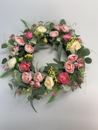 18" Wholesale Premium Artificial Ranunculus and Rose Spring Wreath for Front Door