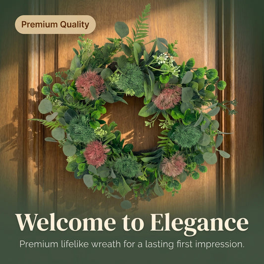 18" Modern Artificial Eucalyptus Wreath with Pom-Pom Thistle Blooms