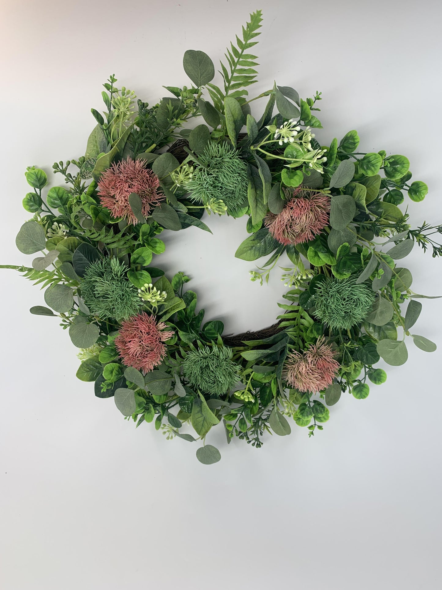 18" Modern Artificial Eucalyptus Wreath with Pom-Pom Thistle Blooms