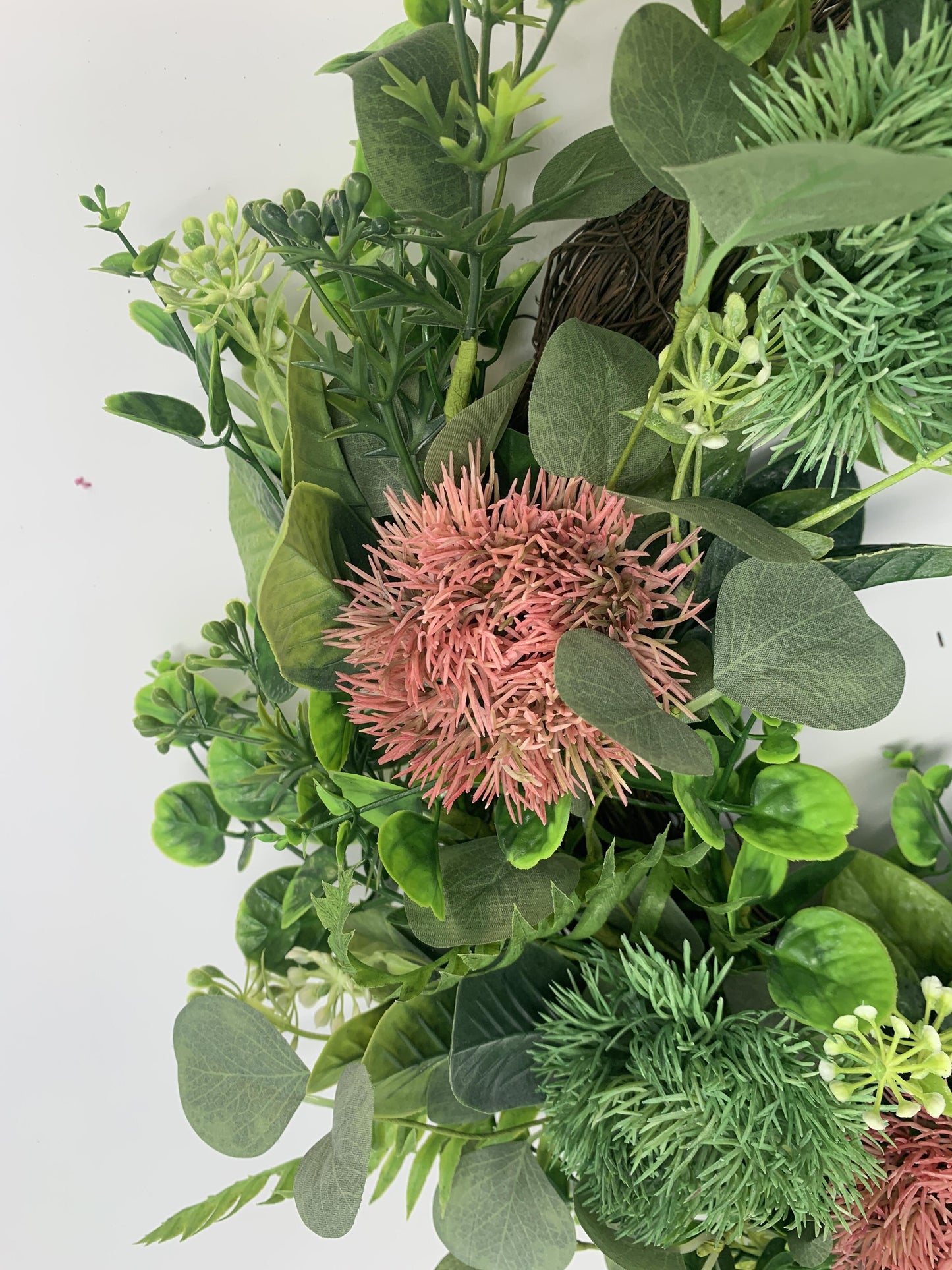 18" Modern Artificial Eucalyptus Wreath with Pom-Pom Thistle Blooms