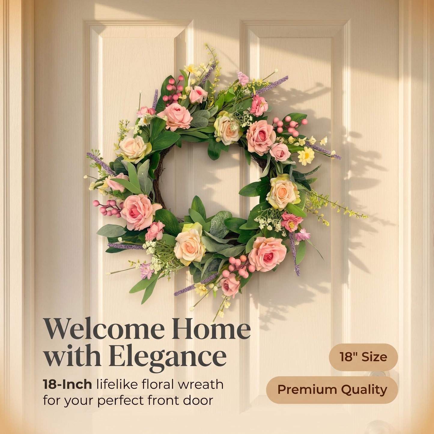 18" Romantic Artificial Rose and Lavender Vine Wreath for Front Door