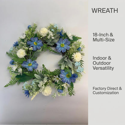 Wholesale 18" Artificial Blue Daisy & Dahlia Floral Wreath for Front Door, Indoor Outdoor Versatile Greenery Wreath