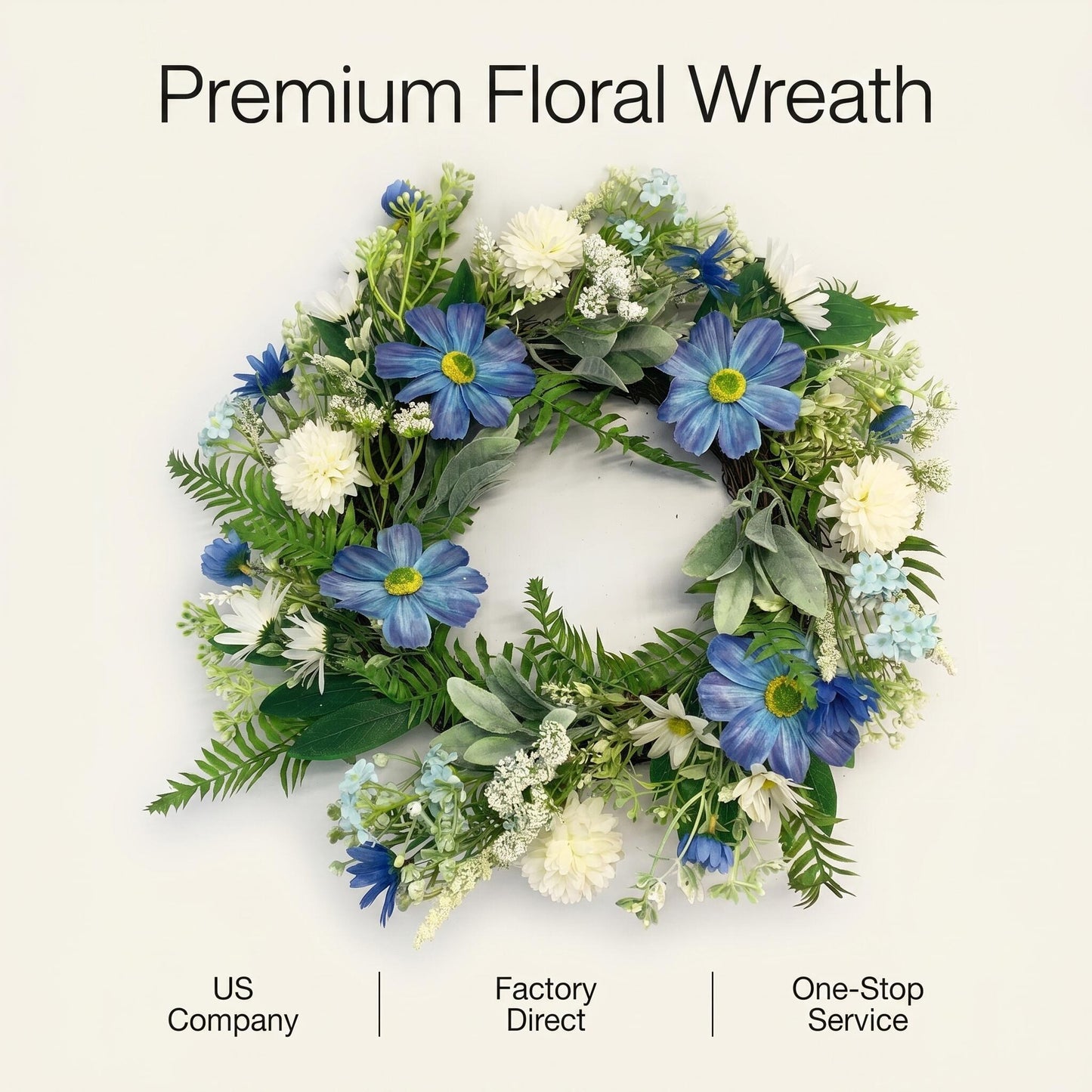 Wholesale 18" Artificial Blue Daisy & Dahlia Floral Wreath for Front Door, Indoor Outdoor Versatile Greenery Wreath