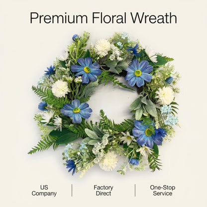 Wholesale 18" Artificial Blue Daisy & Dahlia Floral Wreath for Front Door, Indoor Outdoor Versatile Greenery Wreath