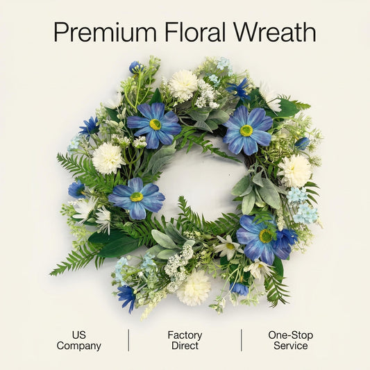 Wholesale 18" Artificial Blue Daisy & Dahlia Floral Wreath for Front Door, Indoor Outdoor Versatile Greenery Wreath