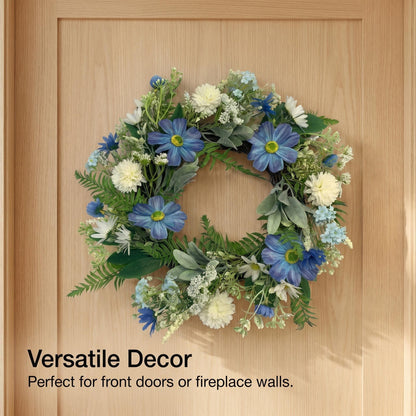 Wholesale 18" Artificial Blue Daisy & Dahlia Floral Wreath for Front Door, Indoor Outdoor Versatile Greenery Wreath