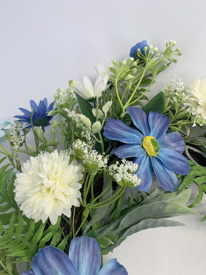 Wholesale 18" Artificial Blue Daisy & Dahlia Floral Wreath for Front Door, Indoor Outdoor Versatile Greenery Wreath