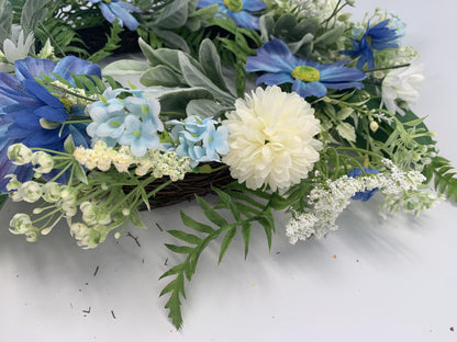 Wholesale 18" Artificial Blue Daisy & Dahlia Floral Wreath for Front Door, Indoor Outdoor Versatile Greenery Wreath