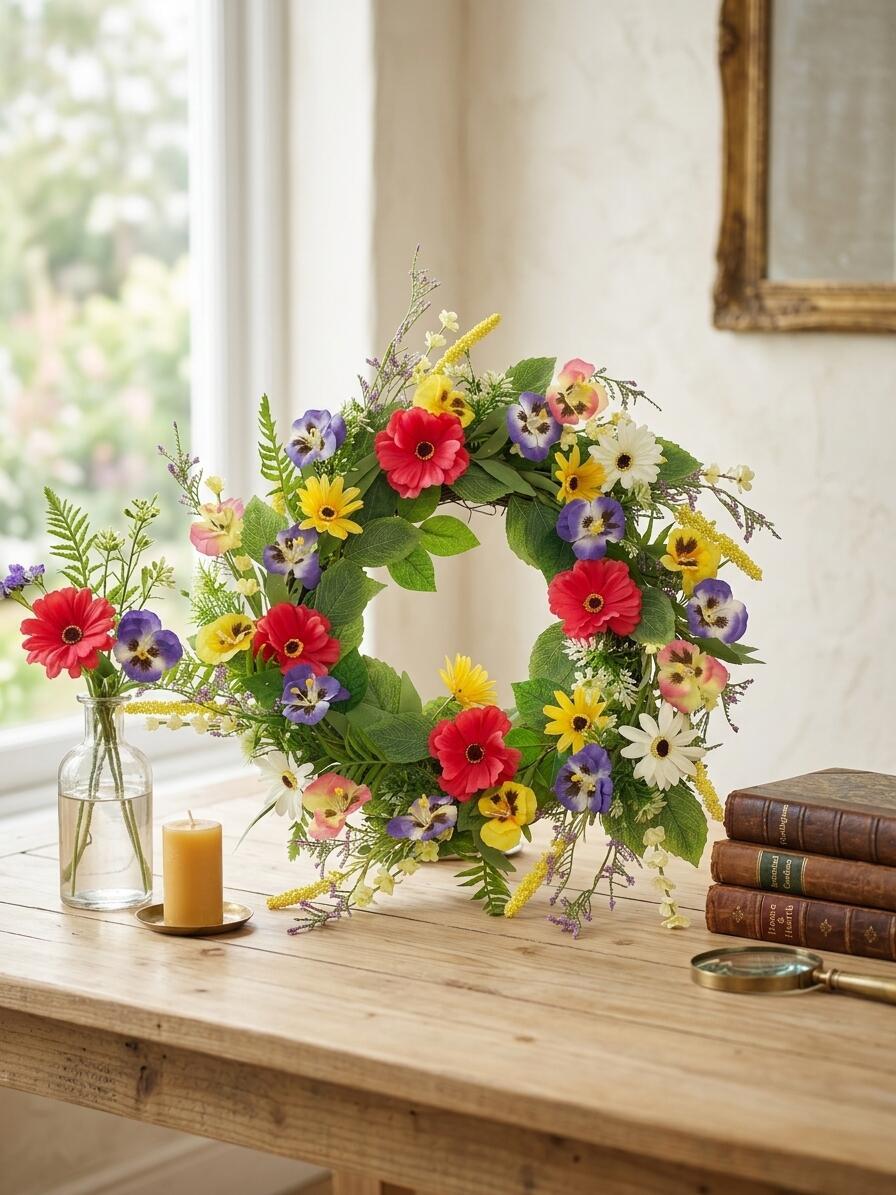 Wholesale 18" Artificial Wildflower Wreath with Pansies & Gerbera Daisies