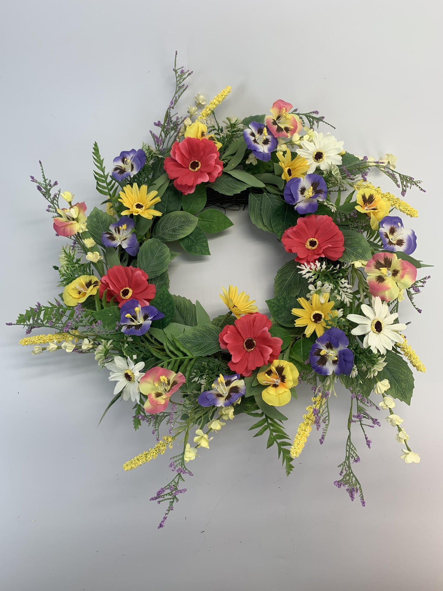 Wholesale 18" Artificial Wildflower Wreath with Pansies & Gerbera Daisies