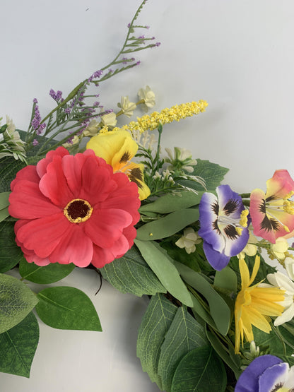 Wholesale 18" Artificial Wildflower Wreath with Pansies & Gerbera Daisies