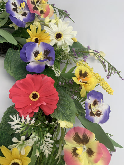 Wholesale 18" Artificial Wildflower Wreath with Pansies & Gerbera Daisies
