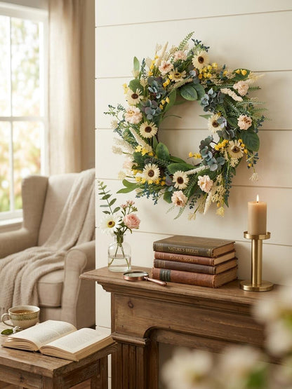 Wholesale 18" Artificial Cream Daisy & Eucalyptus Wreath